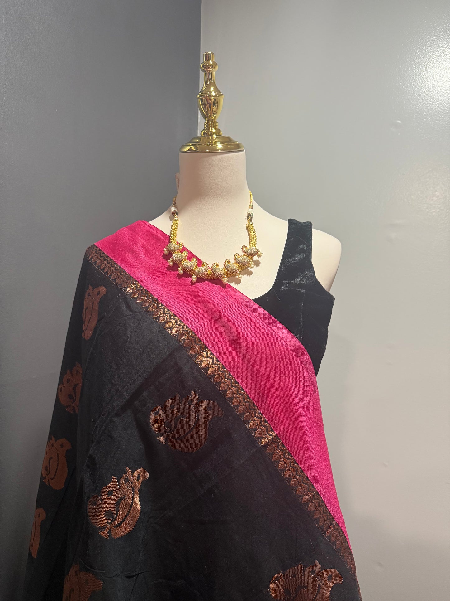 Black Cotton Silk Saree with Contrast Dark Pink Zari border and Copper Buttas