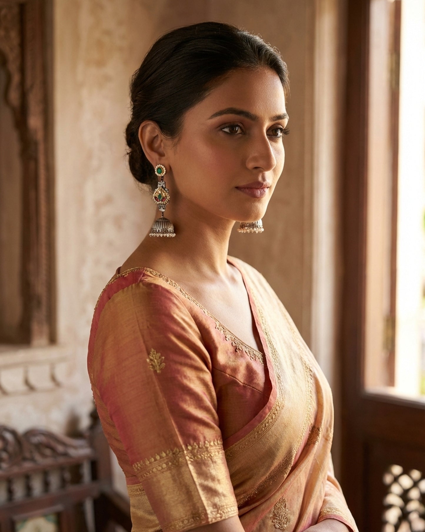 The woman wearing the jewelry is AI generated for representation purposes.