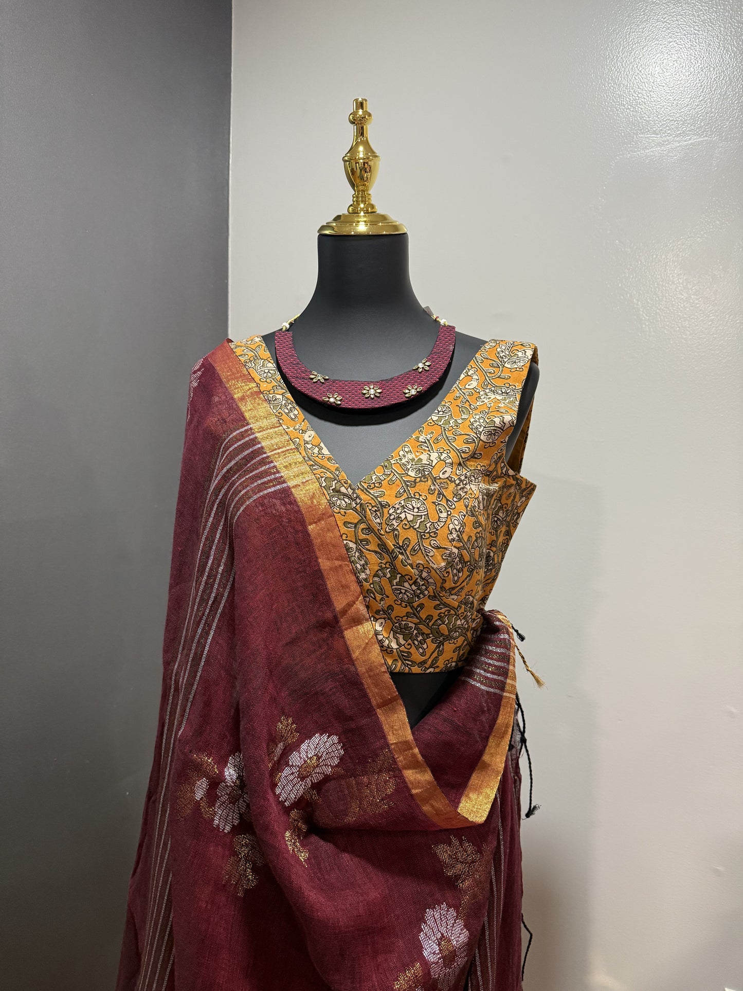 Linen Tissue Jamdani Rust Saree