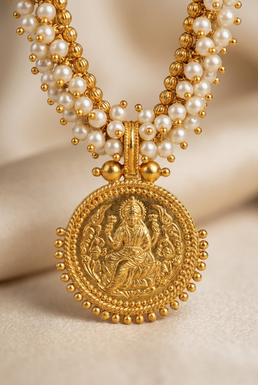 Gold Tone Lakshmi Coin Haar Clustered Pearls