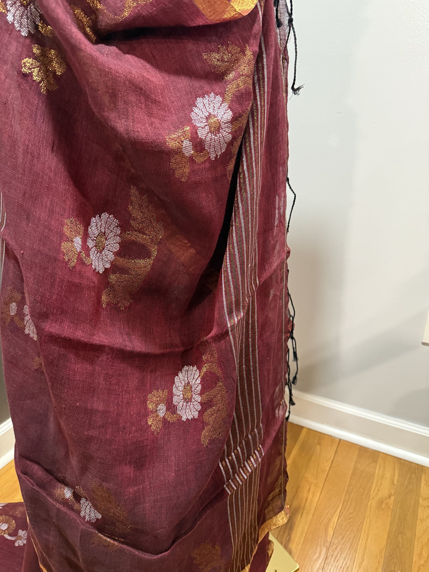 Linen Tissue Jamdani Rust Saree