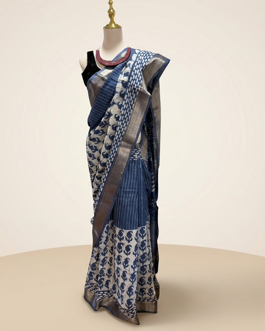 Hand block Batik Blue Maheshwari Silk Saree with silver zari border.