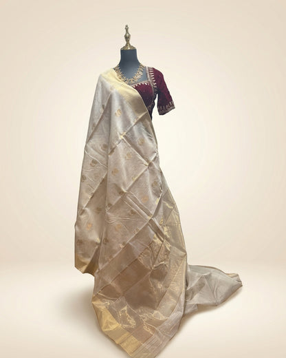 White-Gold Chanderi Silk saree with golden tissue border and floral buttas.