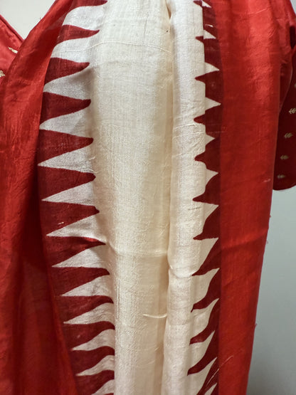 Off-White Red Bishnupuri Silk Poojo Saree