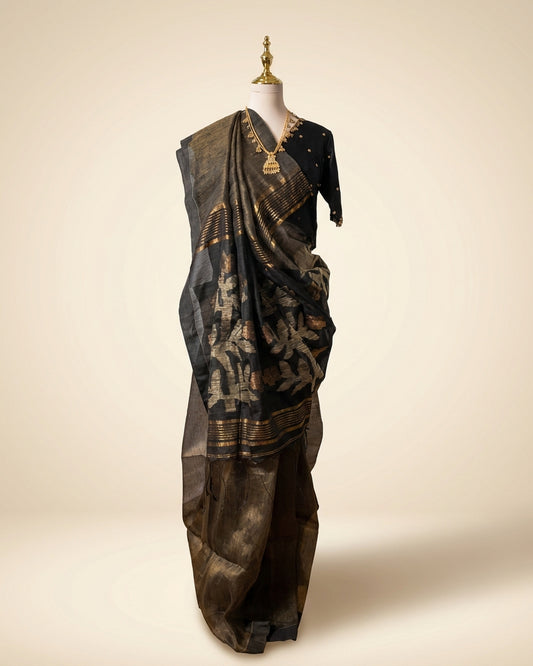 Silk Cotton Jamdani Olive Saree