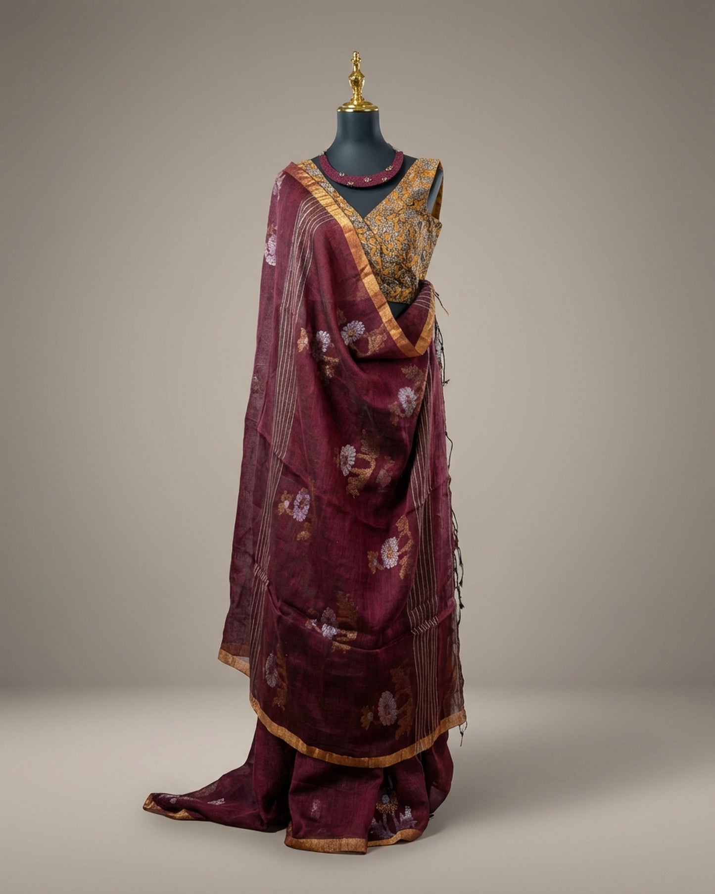 Linen Tissue Jamdani Rust Saree
