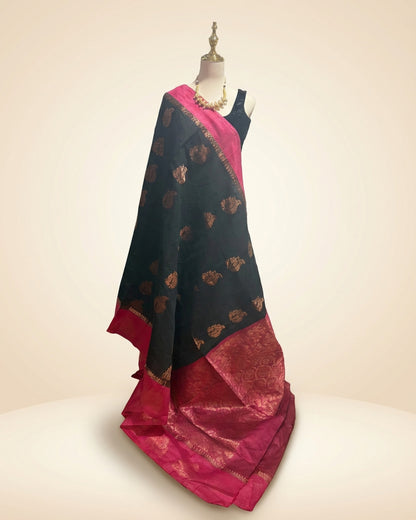 Black Cotton Silk Saree with Contrast Dark Pink Zari border and Copper Buttas