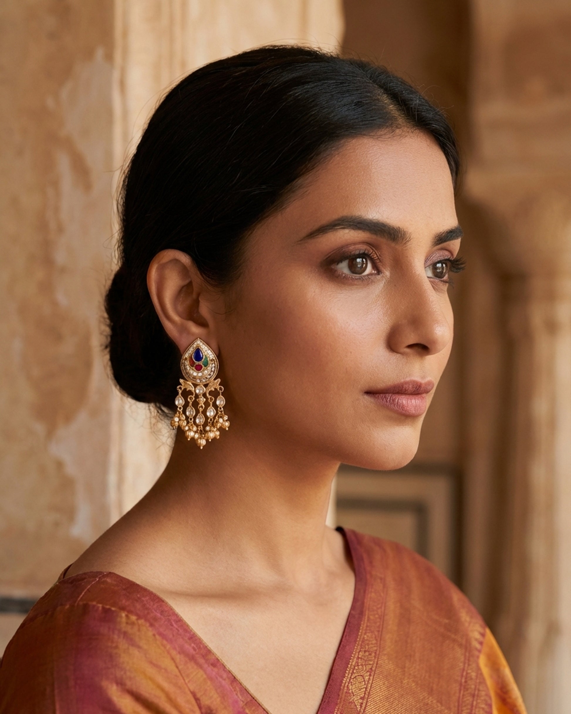 The woman wearing the jewelry is AI generated for representation purposes.