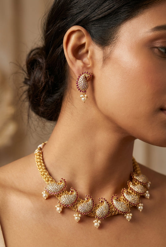 The woman wearing the jewelry is AI generated for representation purposes.