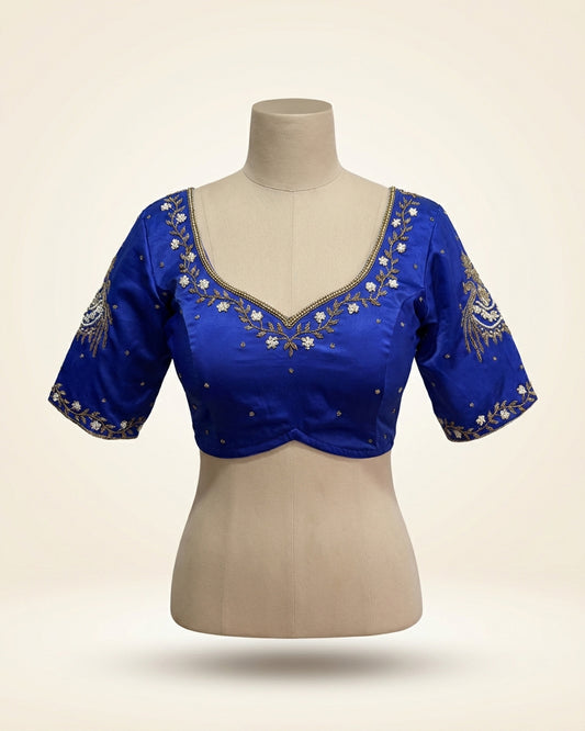 Royal Blue Satin Hand Embroidery Blouse