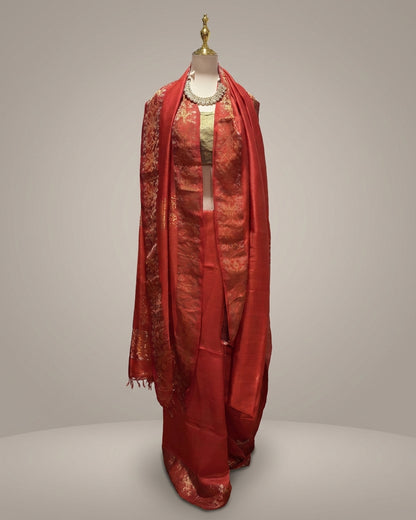 Pure Crepe Silk Handloom Orange Banarasi Saree with Jamdani Gold and Silver zari border