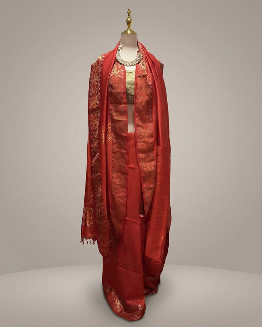 Pure Crepe Silk Handloom Orange Banarasi Saree with Jamdani Gold and Silver zari border