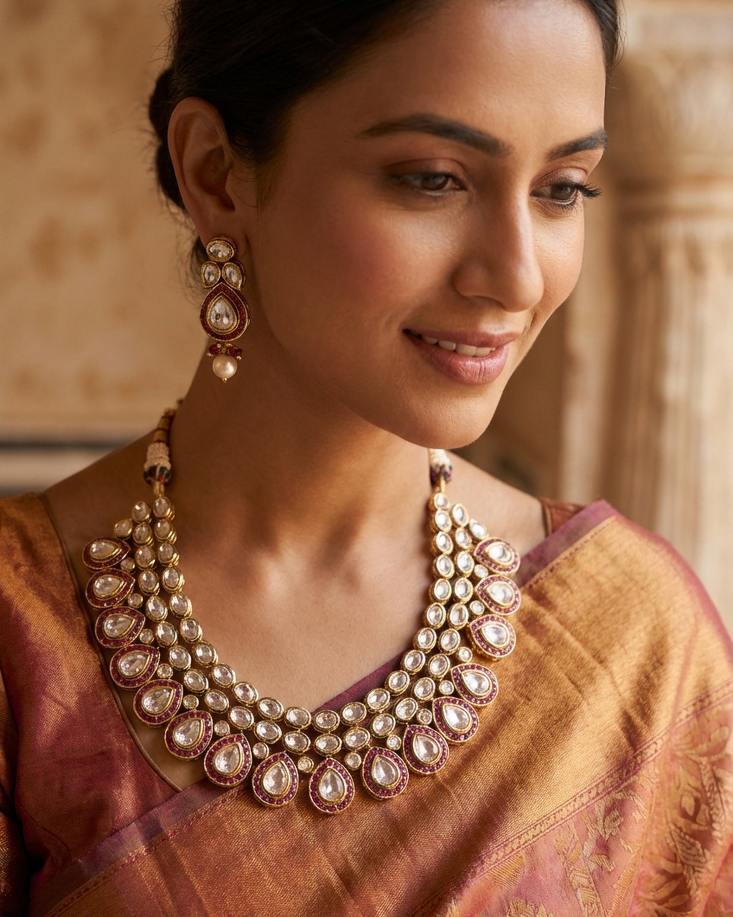 The woman wearing the jewelry is AI generated for representation purposes.