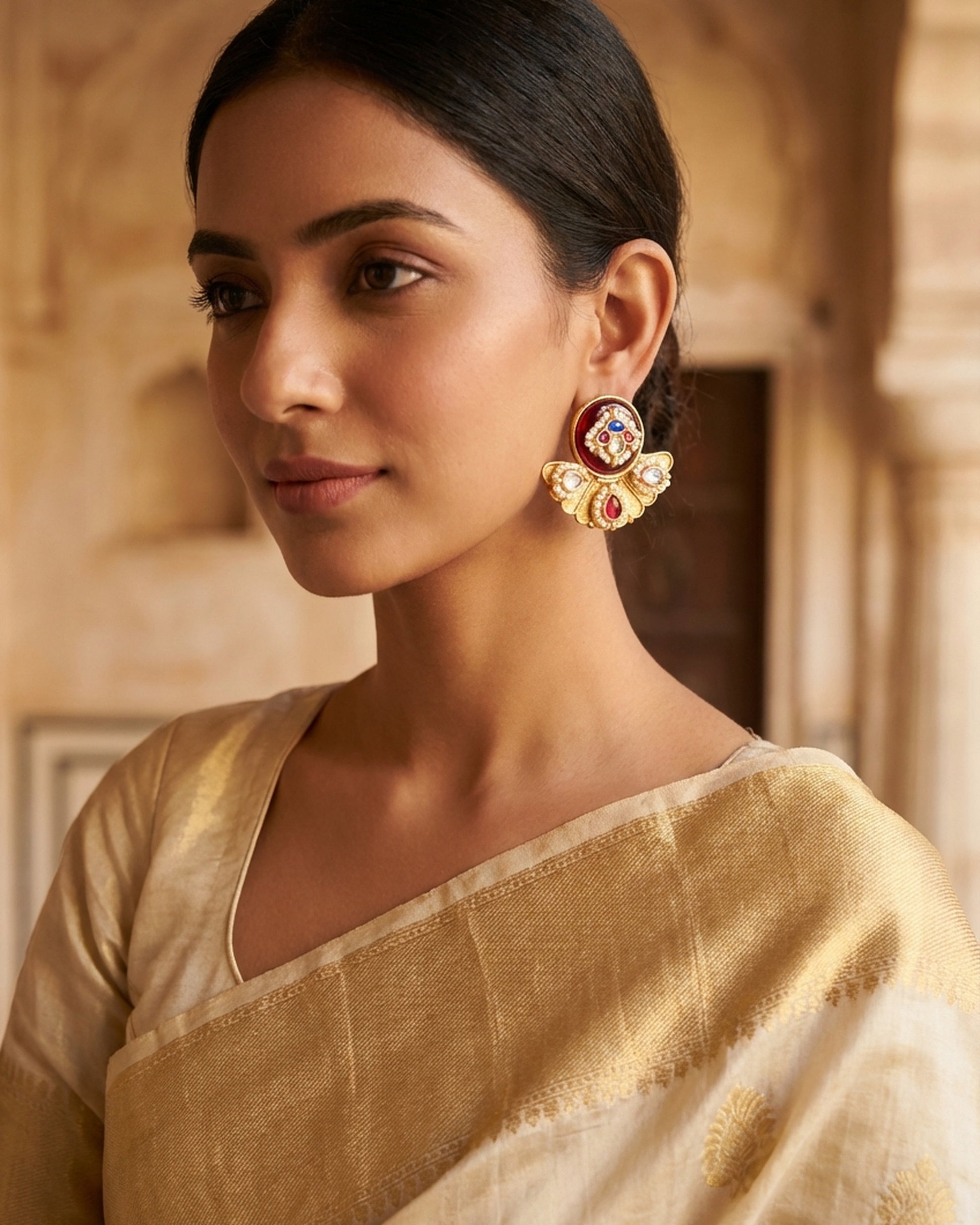 The woman wearing the jewelry is AI generated for representation purposes.