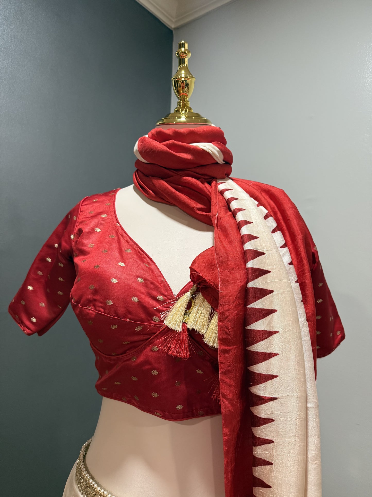 Off-White Red Bishnupuri Silk Poojo Saree