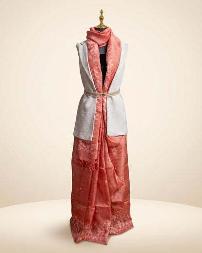 Tussar Jamdani Peach Saree