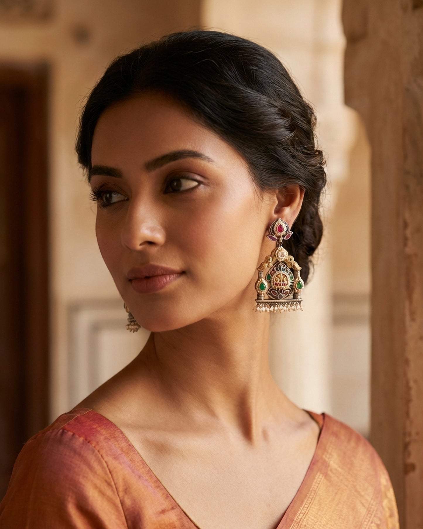 The woman wearing the jewelry is AI generated for representation purposes.