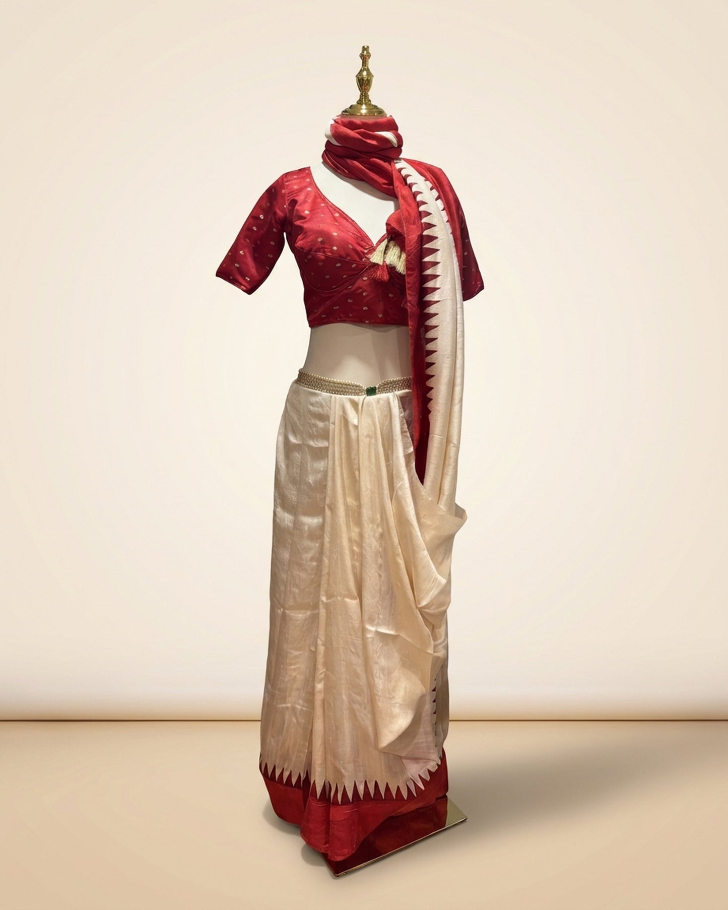 Off-White Red Bishnupuri Silk Poojo Saree