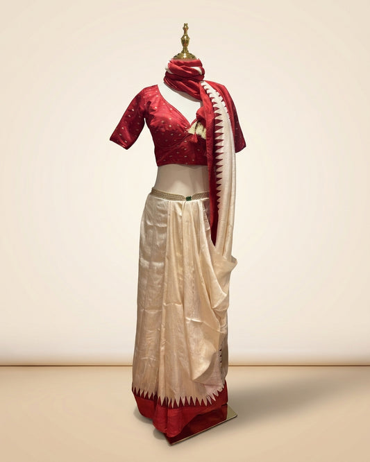 Off-White Red Bishnupuri Silk Poojo Saree