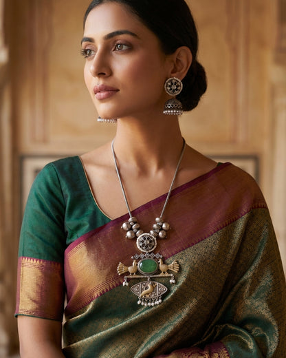 The woman wearing the jewelry is AI generated for representation purposes.