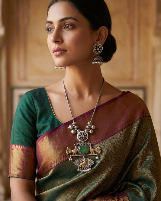 The woman wearing the jewelry is AI generated for representation purposes.