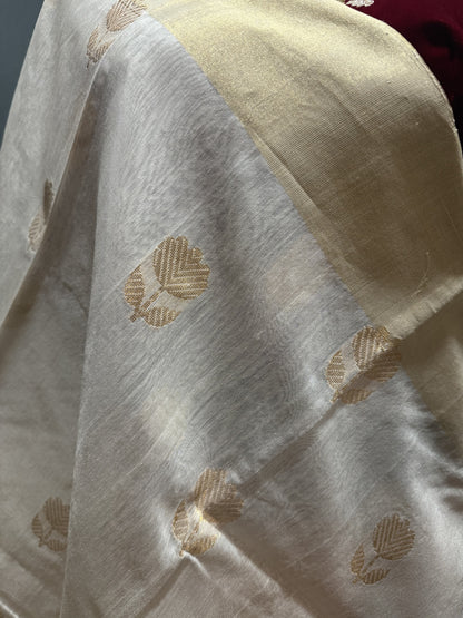 White-Gold Chanderi Silk saree with golden tissue border and floral buttas.