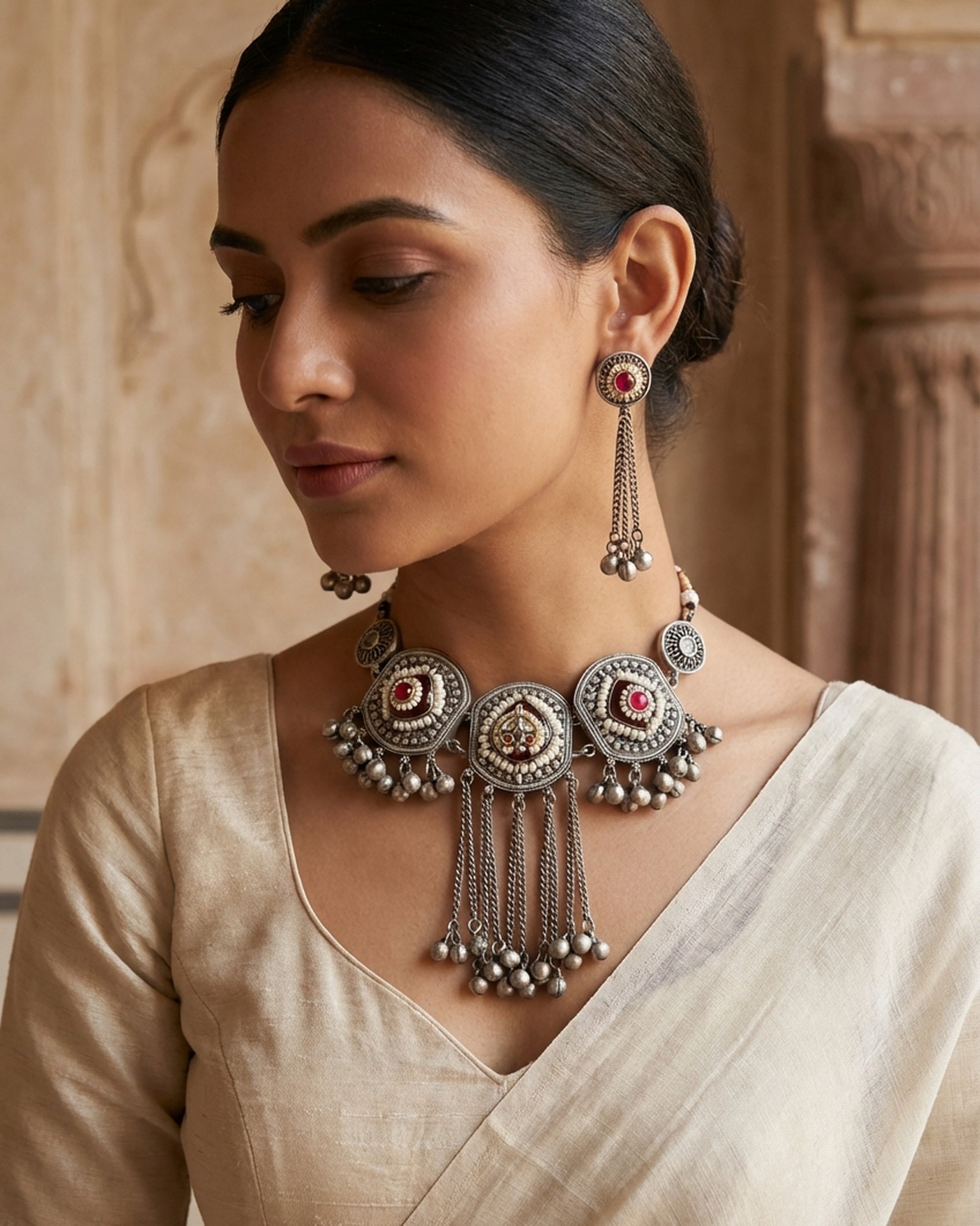 The woman wearing the jewelry is AI generated for representation purposes.