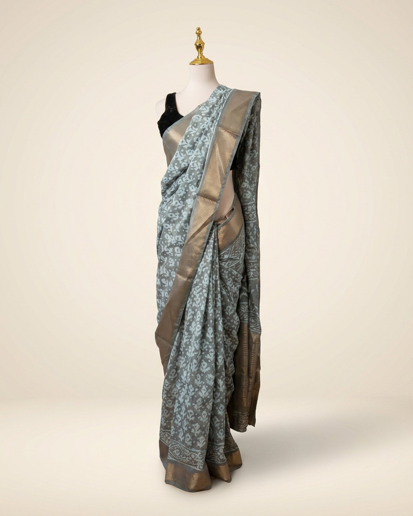 Hand block Batik Gray Maheshwari Silk Saree with silver zari border.