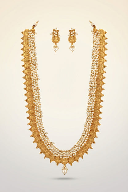 Gold Tone Lakshmi Coin Haar Clustered Pearls