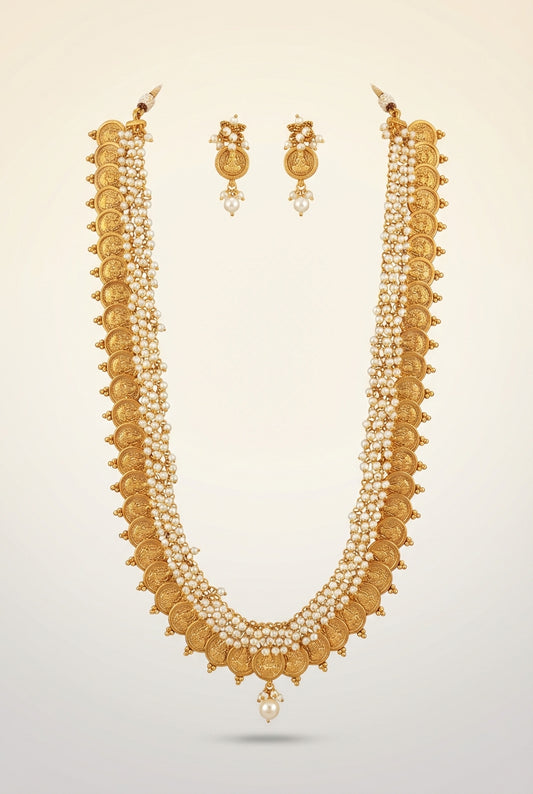 Gold Tone Lakshmi Coin Haar Clustered Pearls