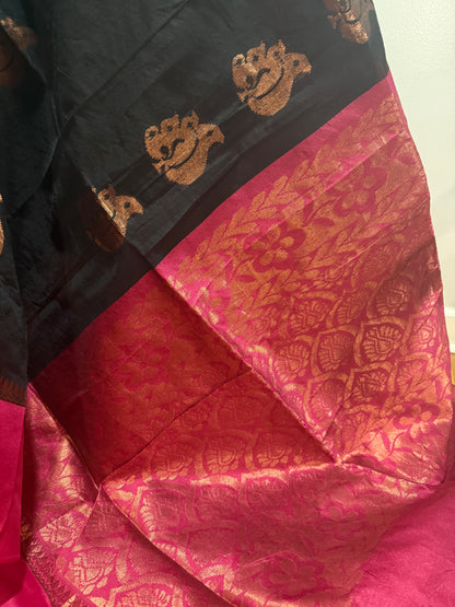 Black Cotton Silk Saree with Contrast Dark Pink Zari border and Copper Buttas