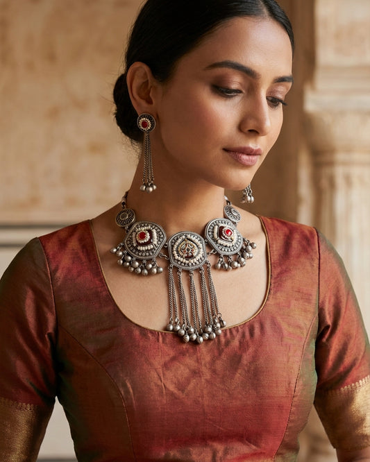 The woman wearing the jewelry is AI generated for representation purposes.