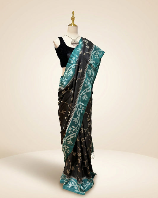 Pure Silk Tussar Jamdani Black Saree