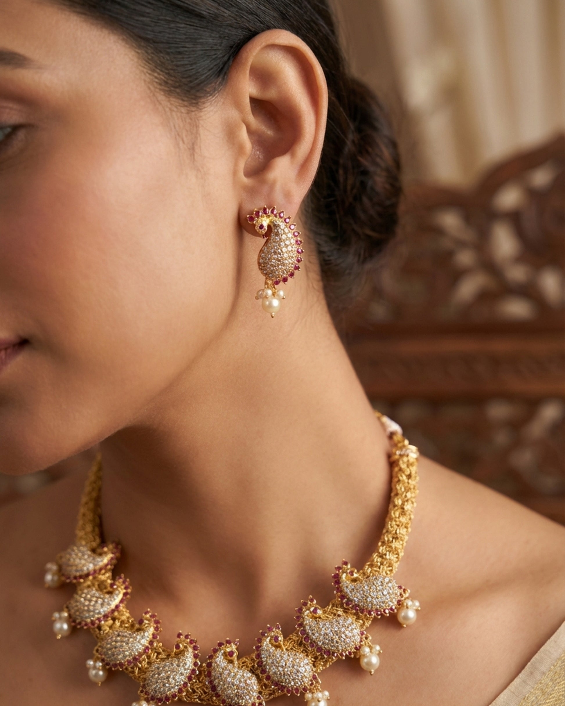 The woman wearing the jewelry is AI generated for representation purposes.