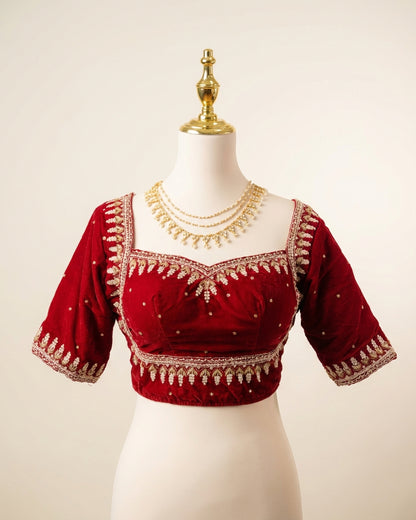 Deep Red Velvette Hand Embroidery Blouse