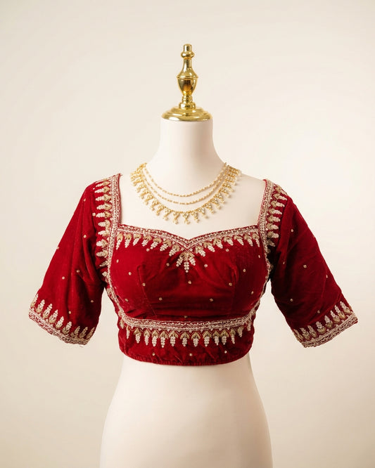 Deep Red Velvette Hand Embroidery Blouse