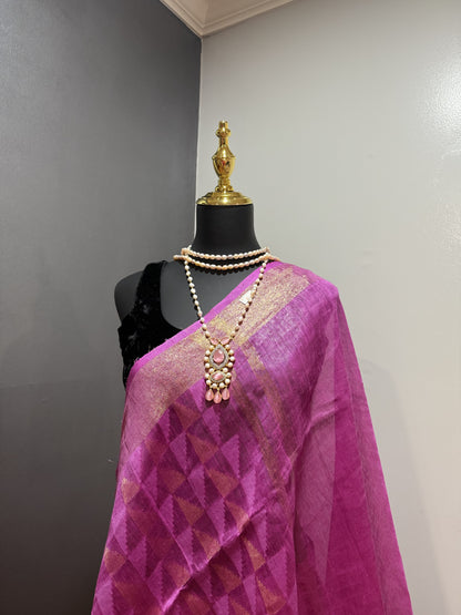 Zari Tussar Silk  Pink Saree
