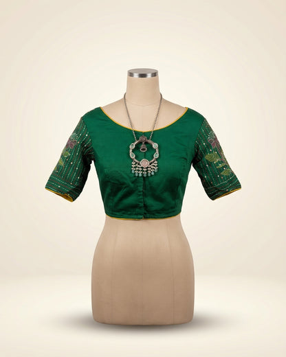Bottle Green Kantha Work Multi Color Blouse