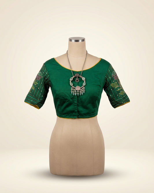 Bottle Green Kantha Work Multi Color Blouse