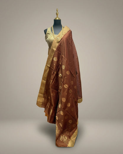 Rust Chanderi Silk saree with golden tissue border and floral buttas.